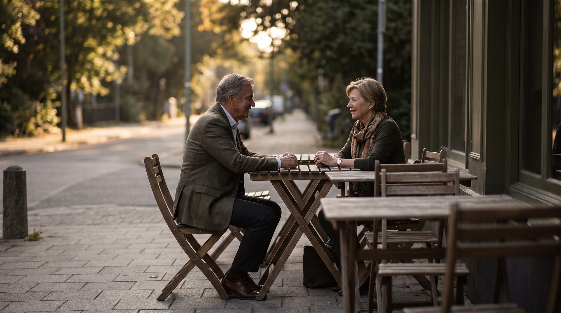 Two older adults sharing a quiet moment outdoors in afternoon light