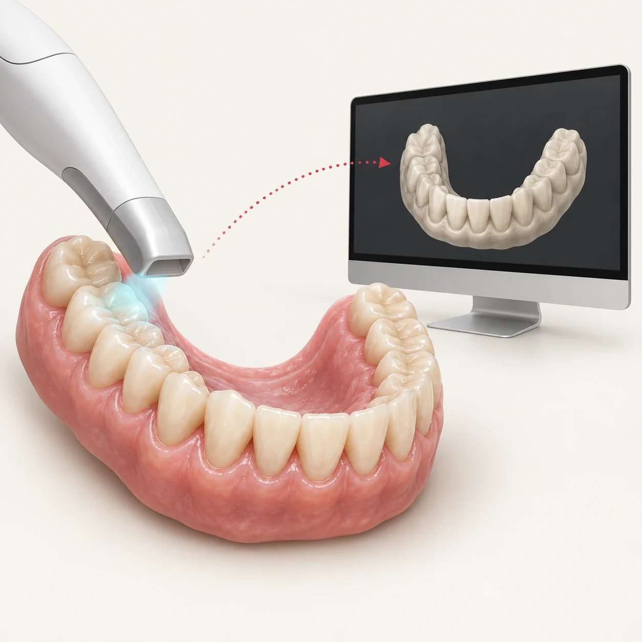 Illustration of a handheld scanner recording teeth for a digital model