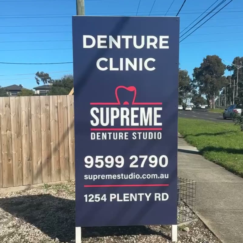 The Supreme Denture Studio sign on Plenty Rd, reading Denture Clinic, 9599 2790, 1254 Plenty Rd